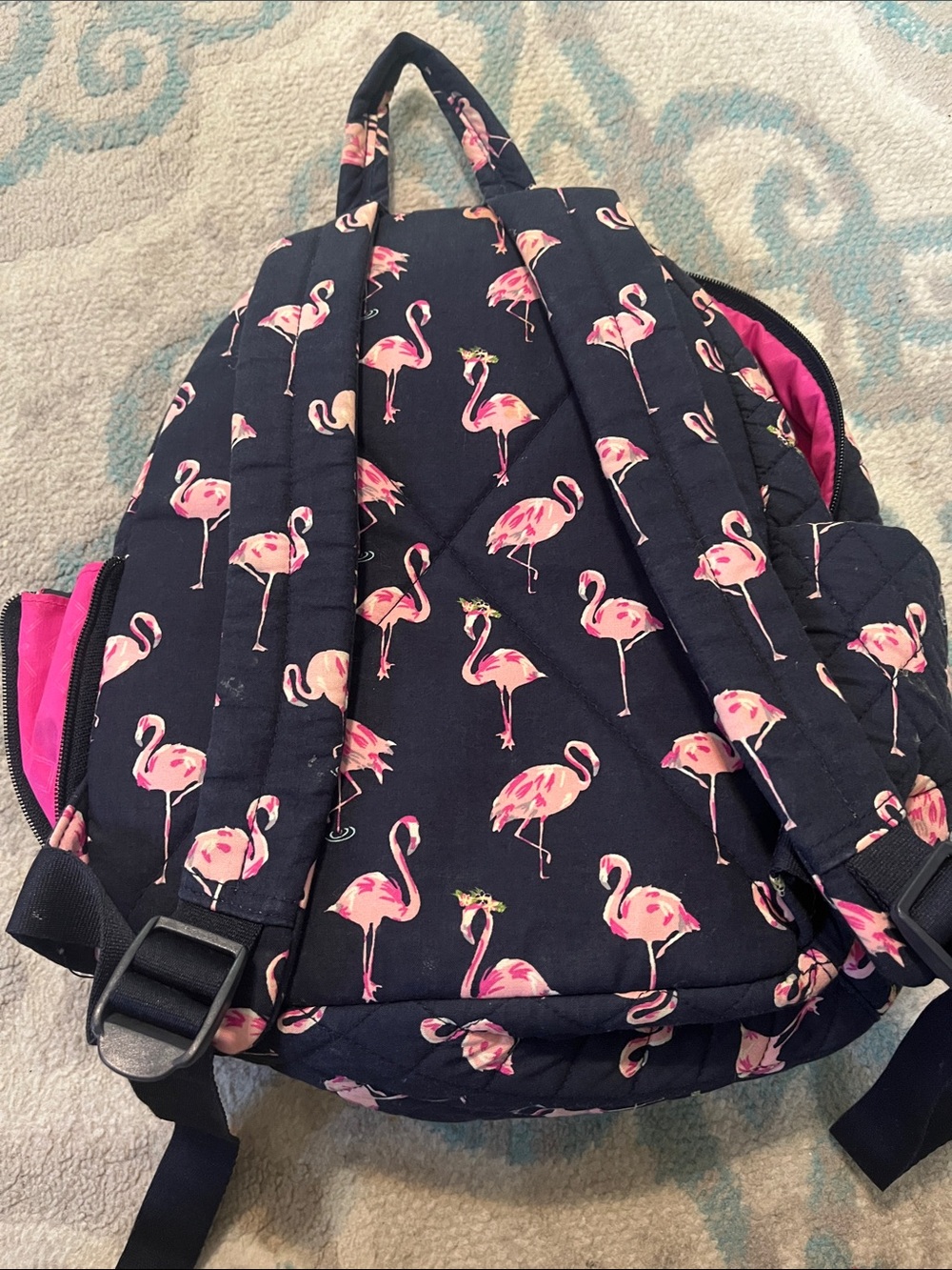 Vera Bradley Navy Quilted mini Backpack with Pink Flamingo Pattern - Picture 3 of 5